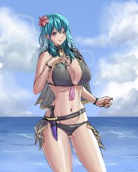 alboeire alternate_costume bikini black_bikini black_swimsuit breasts byleth_(female)_(summer)_(fire_emblem) byleth_(fire_emblem) byleth_(fire_emblem)_(female) female female_only fire_emblem fire_emblem:_three_houses fire_emblem_heroes looking_at_viewer nintendo official_alternate_costume solo swimsuit