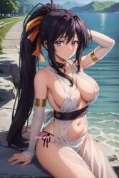 2d ai_generated akeno_himejima armpits black_hair deinacht gold_jewelry greek_clothes high_school_dxd orange_bow purple_eyes stable_diffusion