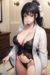 1girls 2d ai_generated amber_eyes bangs big_breasts black_hair black_lingerie drawer female_only hair_tie jujutsu_kaisen large_breasts lingerie long_hair ponytail scar_on_face setsuaiart utahime_iori white_shirt