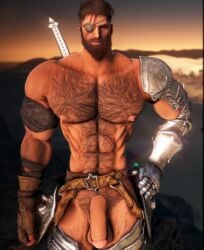 3d_model beard big_balls big_penis black_desert_online buff circumcised eye_patch flaccid giant_penis hairy male male_only modded muscles tan_body warrior_(black_desert)