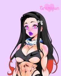 abs aged_up bimbo bimbo_lips bimbofied demon_slayer female gremiyun kamado_nezuko kimetsu_no_yaiba large_ass large_breasts midriff muscular_female navel nezuko_(demon_form) queen_of_spades story_at_source thick_lips thick_thighs wide_hips