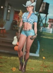 3d abs athletic athletic_female bare_midriff blue_eyes boots brown_hair busty cleavage cow_girl cowboy_boots cowboy_hat cowgirl daisy_dukes denim_shorts ear_chain ear_piercing earrings ellie_(the_last_of_us) ellie_williams female female_focus female_only freckles gloves hat hourglass_figure long_hair medium_breasts navel noahgraphicz shirt short_shorts tagme tattoo the_last_of_us the_last_of_us_2 tied_hair tied_shirt wide_hips