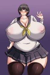 1girls 2d belly big_breasts black_hair blush blushing breasts busty cleavage covered_navel curvaceous curvy curvy_female curvy_figure female gigantic_breasts green_eyes huge_breasts kirigaya_suguha large_breasts mekabaryt nipples nipples_visible_through_clothing plump school_uniform schoolgirl schoolgirl_uniform short_hair skirt sword_art_online thick_thighs thighhighs thighs venus_body voluptuous wide_hips zettai_ryouiki