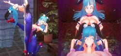 1boy 2girls 3d 3d_model assisted_fellatio banchouforte bare_breasts blender blue_eyes blue_hair bulma_(bunny) bulma_briefs bunny_ear bunny_girl bunnygirl bunnysuit choking_on_cock cum_in_mouth dragon_ball dragon_ball_(classic) dragon_ball_z fellatio female happy holding_head maron pole_dancing pov smirk wink