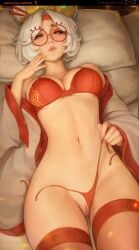 1girls 2d bed big_breasts blush blushing bra breasts cleavage english english_text female glasses heart horny huge_breasts kittew mole nintendo panties partially_clothed purah purah_(tears_of_the_kingdom) pussy red_panties removing_clothing shaved_pussy tears_of_the_kingdom the_legend_of_zelda thick_thighs thighhighs thighs thighs_together undressing white_hair