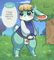 animal_crossing anthro balls blush bottomless clothed clothing dialogue embarrassed english_text flaccid flaccid_penis furry furry_only genitals hi_res lagomorph leporid lilbunpinky looking_back male male_only mammal nintendo outerwear partially_clothed penis public pulling_shirt pulling_shirt_down rabbit sasha_(animal_crossing) shirt small_penis solo text thick_thighs topwear worried