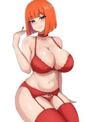 1girls alternate_breast_size bra breasts cleavage female female_only huge_breasts light-skinned_female light_skin mature_female mcdonald's milf mom_(japanese_mcdonald's_commercial) mother naughty_face orange_hair panties short_hair simple_background sleeptopi solo yoru_mac