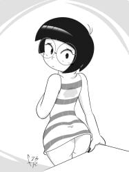 1boy 2023 ass black_and_white black_hair black_nail_polish black_nails bob_cut dress femboy fernal-scarlet girly glasses looking_back original round_glasses striped_dress taffy_(fernal-scarlet)