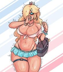 adult adult_female bimbo blonde_hair blush blush_lines bracelet breasts_bigger_than_head cleavage embarrassed gyaru hair_over_one_eye handbag hoop_earrings humiliated humiliation large_breasts loggus_doggus mario_(series) microskirt miniskirt nintendo princess princess_rosalina school_uniform schoolgirl short_skirt super_mario_galaxy thong tiara tremble_lines tremble_spikes trembling tummy wide_hips