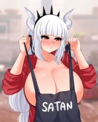 1girls 2d apron big_breasts female female_focus female_only helltaker huge_breasts light-skinned_female light_skin lucifer_(helltaker) pale-skinned_female pale_skin solo solo_female the_only_shoe