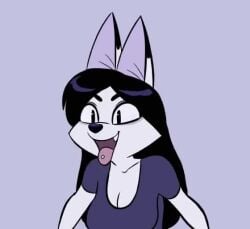 1female 1furry andrew_dickman animated anthro anthro_female awd awdtwit awooga black_hair breast_jiggle breasts cave_cody cleavage female fox furry furry_female furry_only jasmine_(awdtwit) jiggle no_sound purple_shirt solo solo_female tagme tongue tongue_out tongue_piercing video white_fur