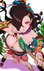 1girls aduti_momoyama alternate_costume bead_necklace beads breasts brown_eyes brown_hair cleavage dynamic_pose female female female_only fighting_stance fire_emblem fire_emblem_fates fire_emblem_heroes foreshortening hair_over_one_eye highres holding holding_weapon jewelry kagero_(fire_emblem) kagero_(winds_offered)_(fire_emblem) large_breasts long_hair looking_at_viewer necklace ninja nintendo official_alternate_costume perspective ponytail solo weapon white_background