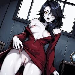 1girls ai_generated alternate_species areolae black_hair cinder_fall dress fangs golden_eyes leukocrisp long_hair looking_at_viewer medium_breasts nipples pale-skinned_female pale_skin pussy red_dress rwby shaved_pussy shiny_skin tagme vampire vampire_fangs vampire_girl