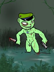 anthro bear blood bodily_fluids bruised_eye covered_in_blood dog_tags dripping_blood flaccid flippy_(htf) foreskin forest gay genitals gun happy_tree_friends hi_res hunting illegaleel jungle knife male mammal partially_retracted_foreskin penis plant ranged_weapon river solo tree uncut weapon wounded