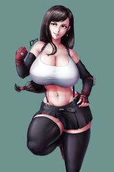 1girls black_hair breasts diskette earrings final_fantasy final_fantasy_vii final_fantasy_vii_remake fingerless_gloves gloves light-skinned_female light_skin long_hair thighs tifa_lockhart