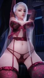 3d 3d_(artwork) 3d_model ashe_(overwatch) blizzard_entertainment busty female female_focus female_only light-skinned_female light_skin lingerie moonroomoom overwatch pale-skinned_female pale_skin red_eyes red_lipstick solo solo_female white_hair wide_hips