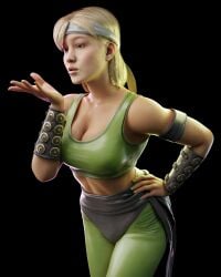 1girls abs blonde_hair blowing_kiss cleavage clothes clothing francis_brown hand_on_hip light-skinned_female mortal_kombat mortal_kombat_1_(2023) posing sfw solo sonya_blade sonya_blade_(mk_1)