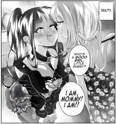 2girls band_shirt big_breasts blush cleavage collar comic dialogue dress earrings eye_contact face_to_face female female_only femdom femsub fishnets gentle_femdom good_girl greyscale grs- half-closed_eyes happy_sub heart-shaped_pupils kneeling larger_sub leash lezdom medium_hair mommy_kink monochrome multiple_earrings multiple_girls original original_character petplay ponytail puppyplay rocker_chick seductive_look sharon_(grs-) shorts smaller_dominant smile smug speech_bubble submissive_female sweatdrop talia_(grs-) text torn_shorts yuri