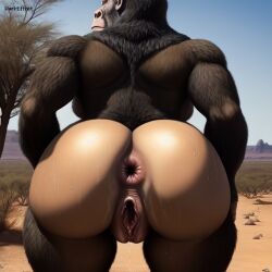 1girls africa ai_generated anthro anus ass_focus breasts darkeffect desert dirt_on_butt donut_anus female_only furry gaping_pussy gorilla looking_at_viewer looking_back mammal muscular_female presenting_hindquarters pussy pussy_juice pussy_juice_drip rear_view sweat thick_thighs wide_hips