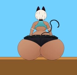 1girls animal_ears ass ass_focus backboob big_ass booty_shorts bottom_heavy breasts cat_ears cat_tail catgirl clothed clothing female female_only huge_ass nadia_fortune nsfw rear_view short_hair shorts sitting skullgirls solo tail themoonbear_artist white_hair wide_hips