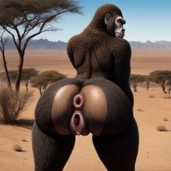 1girls africa ai_generated anthro anus breasts darkeffect desert donut_anus female_only furry gaping_pussy gorilla large_ass looking_at_viewer looking_back mammal presenting_hindquarters pussy pussy_juice pussy_juice_drip rear_view sweat thick_thighs wide_hips