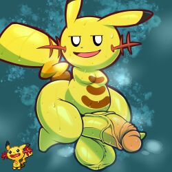 anthro balls big_balls big_penis bodily_fluids digital_media_(artwork) erection fusion generation_1_pokemon generation_2_pokemon genitals hi_res humanoid_genitalia humanoid_penis hybrid hybrid_pokemon male musk musk_clouds nintendo open_mouth penis penis_focus pikachu pokemon pokemon_(species) pokemon_infinite_fusion simple_background smile softestpuffss solo sweat tail thick_thighs vein veiny_penis wide_hips wooper yellow_body