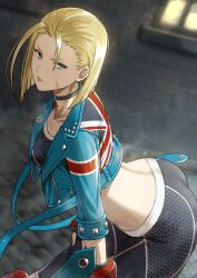 1girls ass big_ass black_choker black_pants black_sports_bra blonde_hair blue_eyes building cammy_white choker cropped_jacket fagi_(kakikaki) female female_only fully_clothed highres leaning_forward medium_hair night outdoors pants petite scar scar_on_face solo sports_bra street_fighter street_fighter_6 union_jack_print yoga_pants