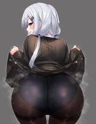 absurdres ass ass_focus black_pantyhose black_skirt black_sweater blue_panties blush close-up clothes_lift dress dress_lift female festa11307070 from_behind grey_background grey_hair hakase_fuyuki highres huge_ass lifted_by_self long_hair long_sleeves nijisanji panties panties_under_pantyhose pantyhose polka_dot polka_dot_panties simple_background skirt skirt_lift solo standing steam sweater thighband_pantyhose thong twintails underwear virtual_youtuber