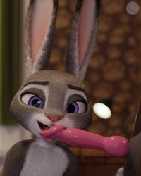 3d_(artwork) anthro chickenass digital_media_(artwork) dildo disney female fur genitals hi_res judy_hopps lagomorph leporid licking long_ears looking_at_viewer mammal nude oral penile penis penis_lick purple_eyes rabbit sex sex_toy solo tongue tongue_out zootopia