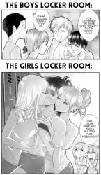 4boys 5girls breast_grab comic english_text female grabbing_from_behind greyscale grs- kissing locker_room long_hair making_out male monochrome original original_character ponytail short_hair speech_bubble sweat text threesome tongue_out yuri