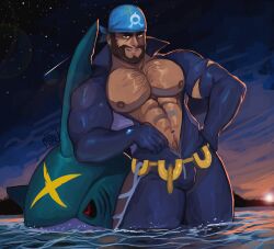 archie_(pokemon) balls bara beard bodysuit bulge facial_hair flaccid headkerchief male male_only muscular nintendo partially_submerged penis pokemon pokemon_oras ruslorc sharpedo solo solo_male team_aqua