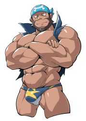 archie_(pokemon) arms_crossed_under_pecs balls bara beard bulge crossed_arms facial_hair flaccid headkerchief maldu male male_only muscular nintendo penis pokemon pokemon_oras solo solo_male team_aqua thong