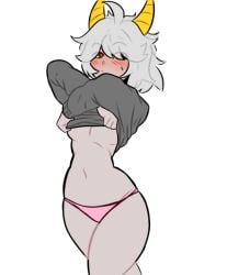 1female 1girl 1girls alvareums arya_draglord belly_button black_shirt black_sweater blush blush_lines blushing boob_drop dragon female gray_skin grey_skin horns looking_away messy_hair nervous nervous_sweat original panties pink_panties pulling_clothing roblox roblox_avatar short_hair sweat sweatdrop sweating thighs underboob undressing undressing_self white_background white_hair yellow yellow_horn