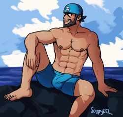 1boy abs archie_(pokemon) artist_name balls bandana bara beard boner erection erection_under_clothes facial_hair headkerchief human male male_nipples male_only manly mature_male muscles muscular_male nintendo no_visible_genitalia pecs penis_bulge pokemon pokemon_oras shirtless shorts sitting smooth_skinned_male solo soupyeel spread_legs team_aqua topless