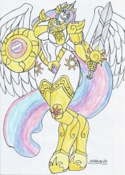 alicorn alicorn_(mlp) alicorn_girl alicorn_princess anthro big_breasts big_hips bikini_armor female_knight female_only furry gold_armor jewelry marlon64 my_little_pony my_little_pony_friendship_is_magic princess_celestia_(mlp) rainbow_hair sword_and_shield swordswoman traditional_media_(artwork) white_fur wings