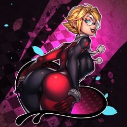 1girls 2d alternate_version_available ass batman_(series) big_ass black_lips black_lipstick blonde_female blonde_hair blue_eyes bodysuit cameltoe danaphus dc dc_comics female female_only glasses harleen_quinzel harley_quinn harley_quinn_(classic) latex latex_suit looking_back patreon_exclusive presenting_ass rear_view short_hair solo spandex villain villainess