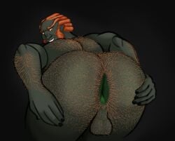 1boy 2d 2d_(artwork) ass_focus ass_hair bara big_ass big_ass_(male) big_butt big_butthole body_hair butt_focus butt_hair facial_hair from_behind ganondorf ganondorf_(twilight_princess) gay green_skin grinning hairy hairy_ass hairy_balls hairy_butt hairy_male hands_on_ass hands_on_butt horkrugley looking_down male_only muscular muscular_male nintendo nude presenting presenting_anus presenting_butt presenting_hindquarters red_hair simple_background smiling solo solo_focus solo_male the_legend_of_zelda the_legend_of_zelda:_twilight_princess twilight_princess