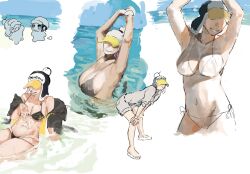 arms_up beach big_breasts bikini black_bikini canon_genderswap colored_sketch covered_eyes female female_only genderswap_(mtf) hat headwear jacket mnel_one multiple_scenes ocean off_shoulder one_piece penguin_(one_piece) rule_63 shaded_face shiku_shiku_no_mi sideboob sketch sketch_page smile swimsuit water