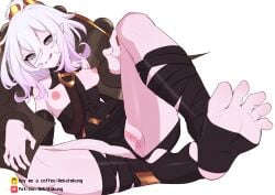 :p absurdres ahoge belt black_belt breasts briar_(league_of_legends) censored colored_sclera colored_skin detached_sleeves feet female foot_focus full_body gradient_hair grey_eyes grey_hair hair_between_eyes highres knee_up league_of_legends legs long_hair looking_at_viewer medium_breasts mekato mosaic_censoring multicolored_hair nipples no_bra pale_skin pink_hair pointy_ears pussy red_sclera sidelocks simple_background sitting smile soles solo spread_legs spread_toes stirrup_legwear thighs toeless_legwear toes tongue tongue_out two-tone_hair vampire white_background wrist_cuffs