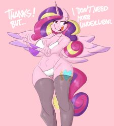 alicorn anthro blonde_hair bra breasts cutie_mark english_text equid equine eyelashes feathered_wings feathers female flutterthrash friendship_is_magic hasbro horn long_hair mammal mature_anthro mature_female milf multicolored_hair my_little_pony panties pink_background pink_feathers pink_hair princess_cadance_(mlp) purple_hair smile solo text wings