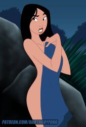 asian asian_female ass big_butt black_hair chinese chinese_female covering covering_breasts covering_crotch darthguyford disney disney_princess eyebrows_raised fa_mulan lakeside mulan mulan_(1998_film) night rocks tall tall_female towel towel_only towel_over_breasts