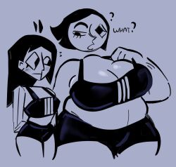 2d 2girls adidas bbw blush breast_comparison breast_envy breasts cleavage confused ena hotlegs101_art joel_g looking_at_another's_breasts looking_at_breasts medium_support_(meme) moony_(joel_g) newgrounds polygonal size_comparison size_difference sports_bra sweatdrop