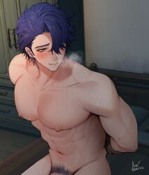 1boy abs asaifrit blue_hair blush blushing erect_nipples gay happy_trail honkai:_star_rail muscular muscular_male musk penis pubic_hair rope sampo_(honkai_star_rail) slut sweatsweating tied_hands tied_up visible_penis yaoi