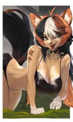 1girls ahoge anthro anthro_only bangs bangs_between_eyes bed big_breasts black_collar black_hair bra breasts calico_cat calico_pattern cat_ears cat_humanoid cat_tail catgirl collar curvy curvy_figure ear_tuft female female_only fur furry furry_female furry_tail gradient_fur green_eyes inner_ear_fluff long_hair looking_at_viewer lying lying_on_bed lying_on_side multicolored_fur multicolored_hair multicolored_tail on_bed on_side open_mouth orange_hair pov shorts sidelocks solo solo_focus spiked_collar tattoo thick_thighs two_tone_fur underwear very_long_hair wide_hips woobin94