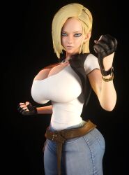 1girls 3d 3d_(artwork) alternate_breast_size android_18 areolae belt blonde_hair blue_eyes breasts_bigger_than_head breasts_out cleavage dragon_ball dragon_ball_z female female_only female_solo gigantic_breasts hourglass_figure huge_breasts jeans looking_at_viewer small_waist solo solo_female thin_waist upper_body vaako wasp_waist wide_hips