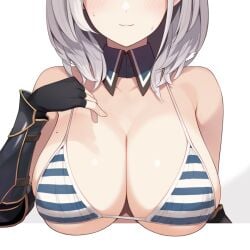 bikini breasts closed_mouth commentary_request detached_collar enosan female gauntlets grey_hair hololive hololive_fantasy hololive_japan large_breasts mole mole_on_breast shirogane_noel shirogane_noel_(1st_costume) short_hair simple_background smile solo striped striped_bikini swimsuit upper_body virtual_youtuber white_background