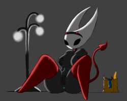 1girls arthropod big_breasts black_body breasts bug cosplay demon_horns demon_tail female furry hollow_knight hornet_(hollow_knight) insect mask masked simple_background six343 sketch thighhighs video_games
