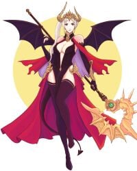 1girls alternate_costume axe bare_shoulders cleavage crown demon demon_girl demon_tail demon_wings edelgard_von_hresvelg female female_only fire_emblem fire_emblem:_three_houses halloween halloween_costume horns light-skinned_female light_skin long_gloves looking_at_viewer medium_breasts nintendo post-timeskip purple_hair solo stockings tail thighhighs truejekart white_hair wings