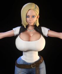 1girls 3d 3d_(artwork) alternate_breast_size android_18 areolae belt blonde_hair blue_eyes breasts_bigger_than_head breasts_out cleavage dragon_ball dragon_ball_z female female_only female_solo gigantic_breasts hourglass_figure huge_breasts jeans looking_at_viewer small_waist solo solo_female thin_waist upper_body vaako wasp_waist wide_hips