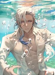 1boy abs asaifrit blue_highlights bright_eyes bubbles genshin_impact long_hair muscular muscular_male neuvillette_(genshin_impact) purple_eyes sea see-through see-through_clothing toned_male unbuttoned unbuttoned_shirt underwater v-line visible_nipples water wet white_hair white_shirt yaoi